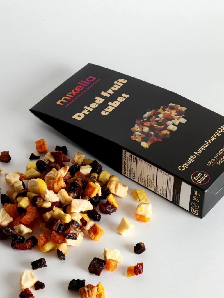 Mixella dried fruit cubes spilling from the pack