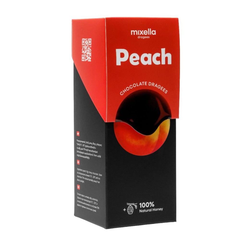Mixella peach chocolate dragees pack on an orange background