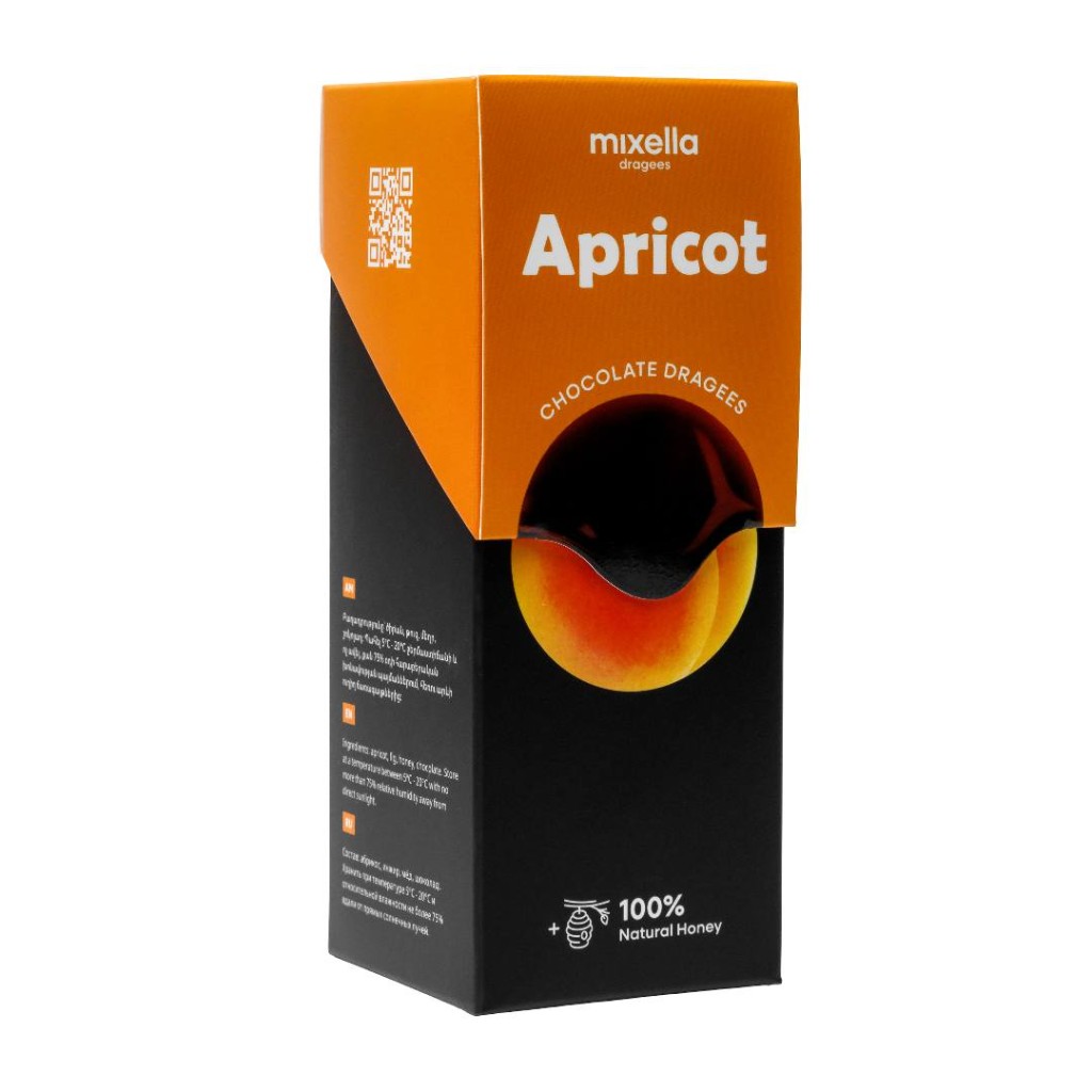 Mixella apricot chocolate dragees box and cocoa-dusted pieces