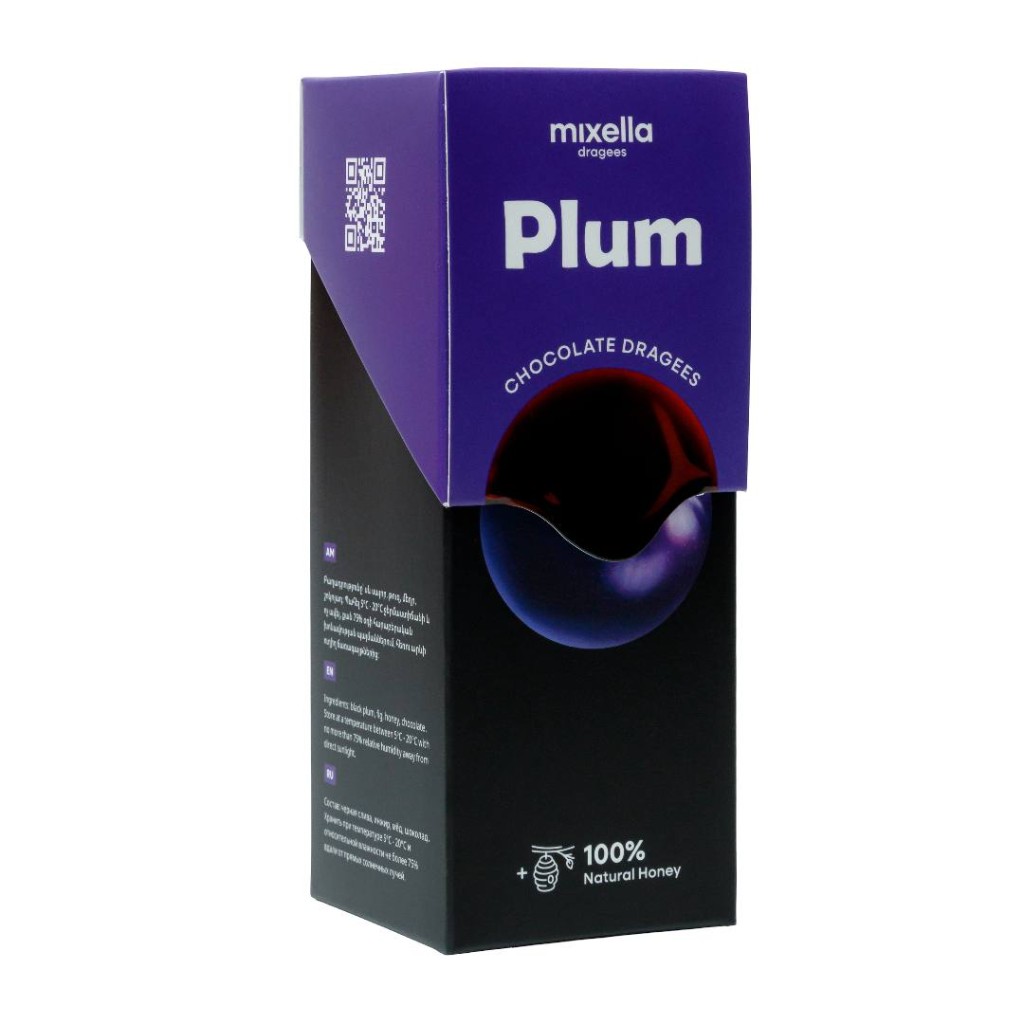 Mixella plum chocolate dragees box with scattered pieces